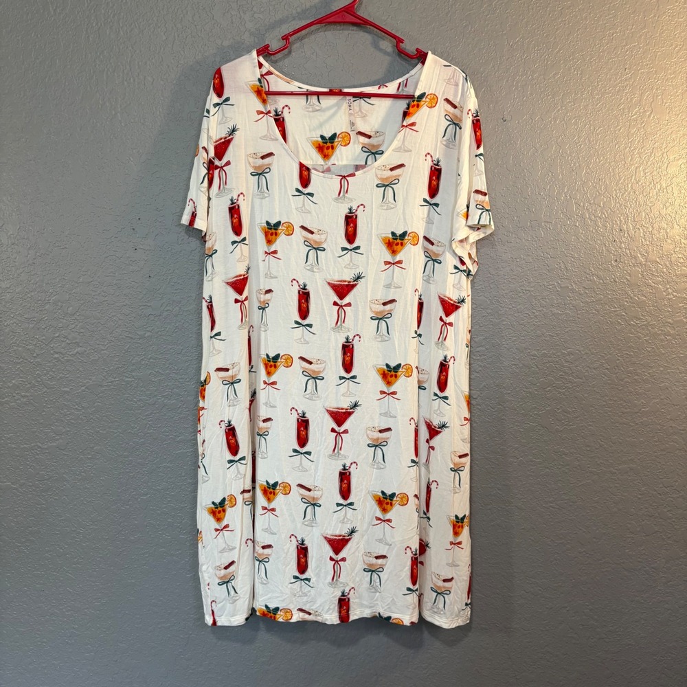 Soma Cool Nights Holiday Cocktail Print Sleep Dress Nightgown XXL White Festive